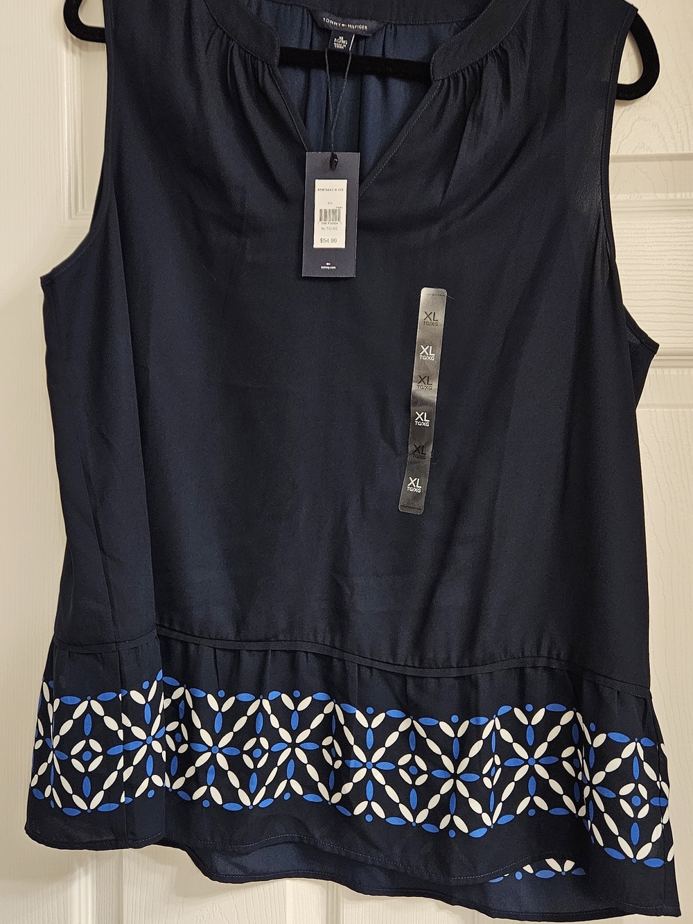 Tommy Hilfiger Navy Tank Top with Blue & White Geo Hem NWT sz XL